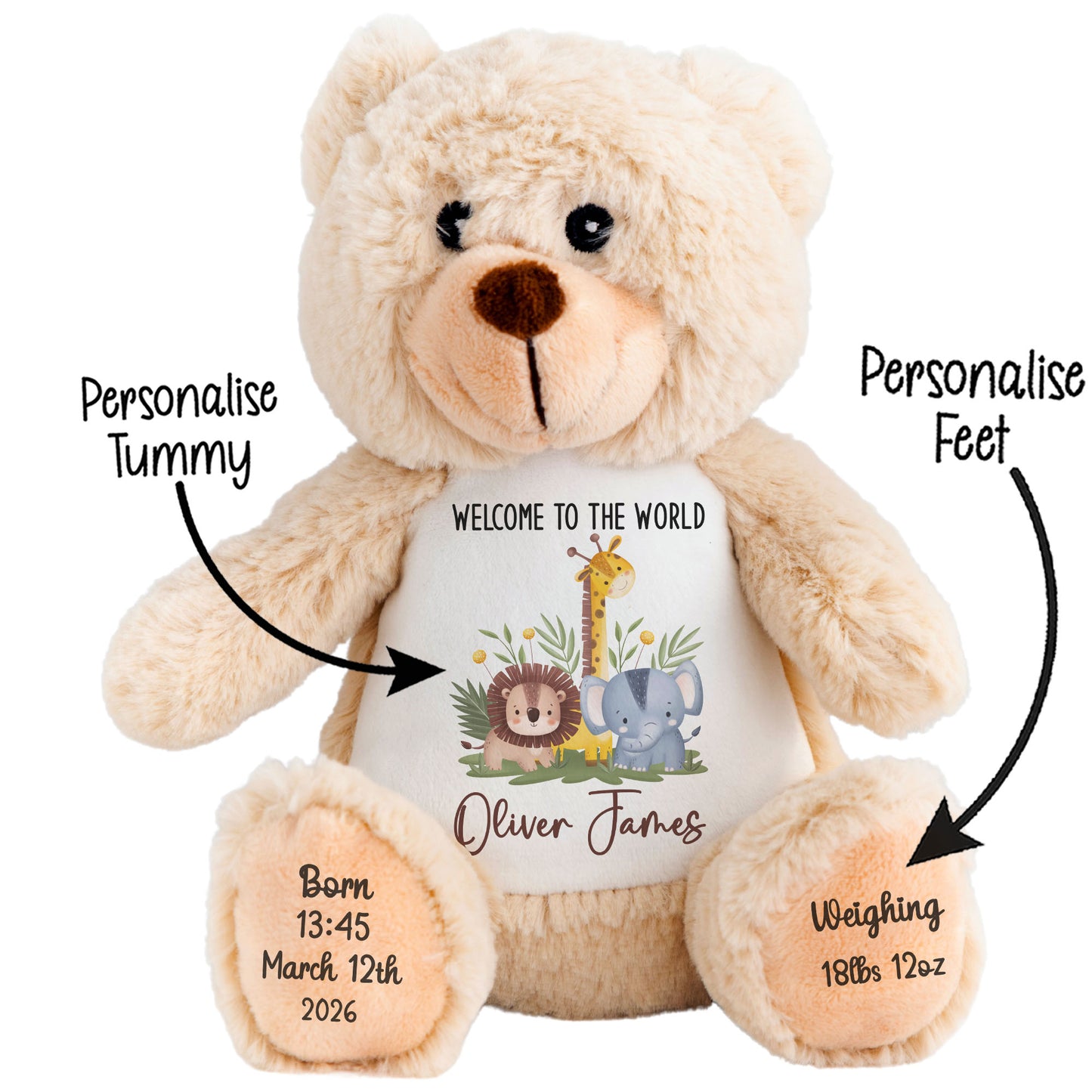 New Baby Jungle Safari Friends Personalised Teddy Bear