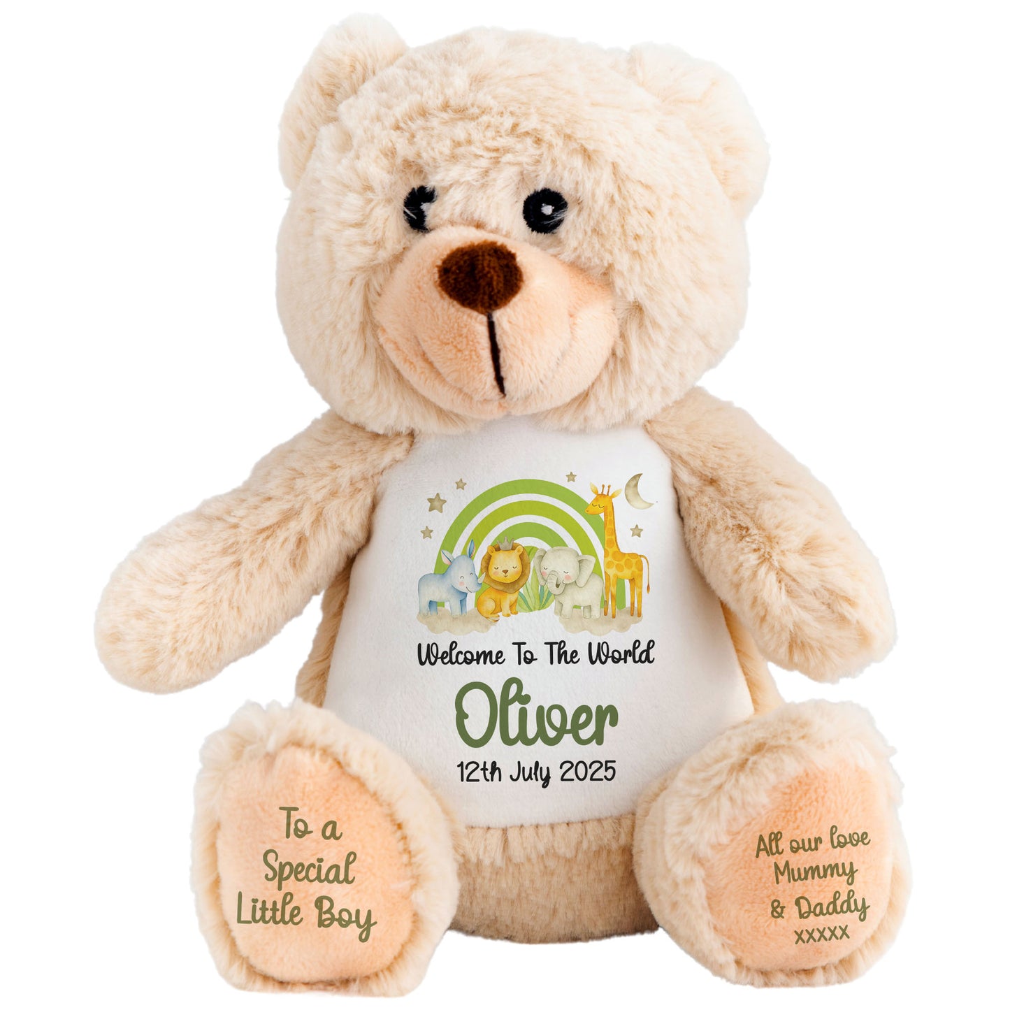 New Baby 'Welcome to The World' Green Safari Friends Personalised Teddy Bears