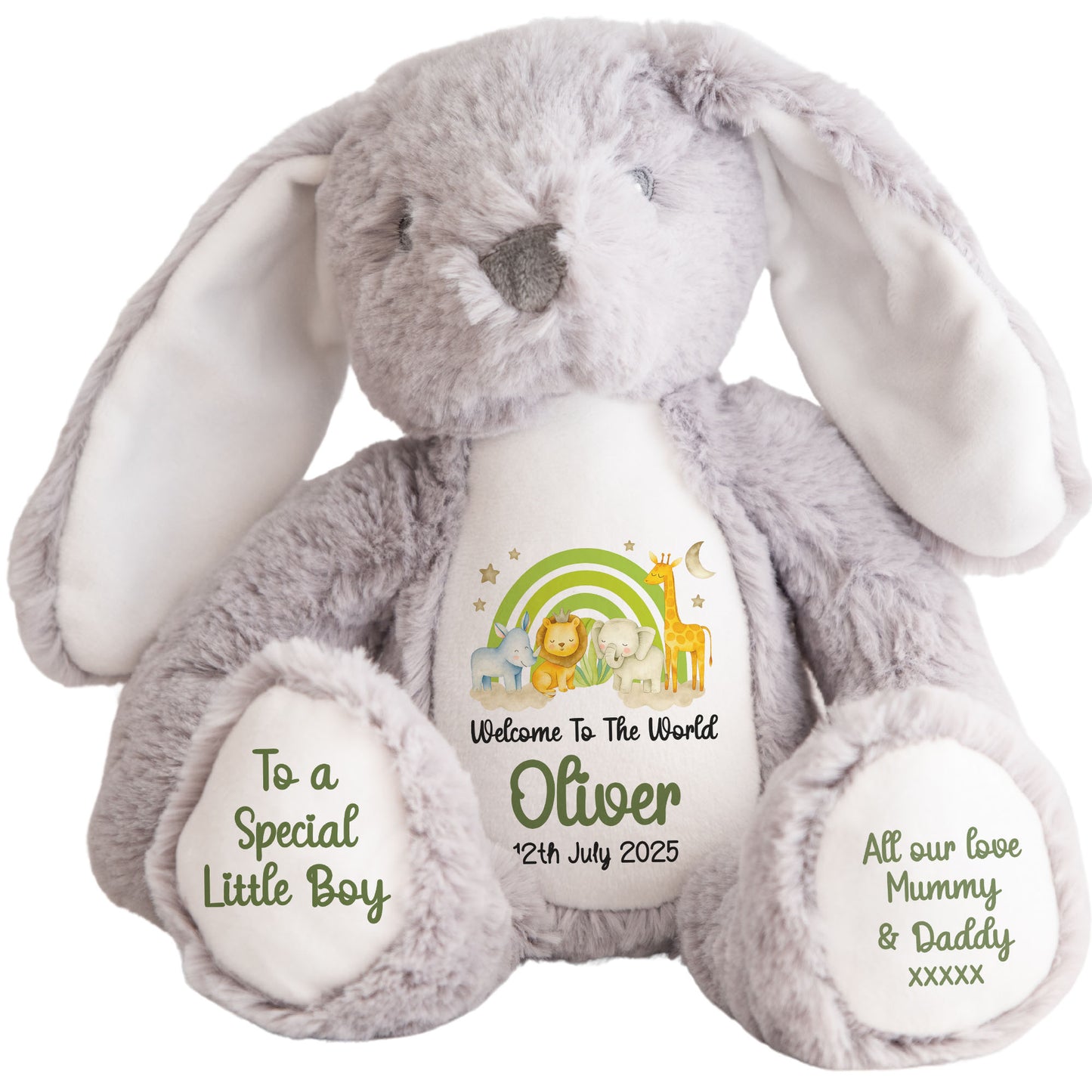 New Baby 'Welcome to The World' Green Safari Friends Personalised Teddy Bears