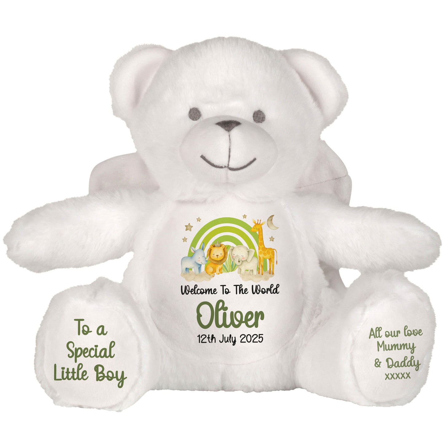 New Baby 'Welcome to The World' Green Safari Friends Personalised Teddy Bears