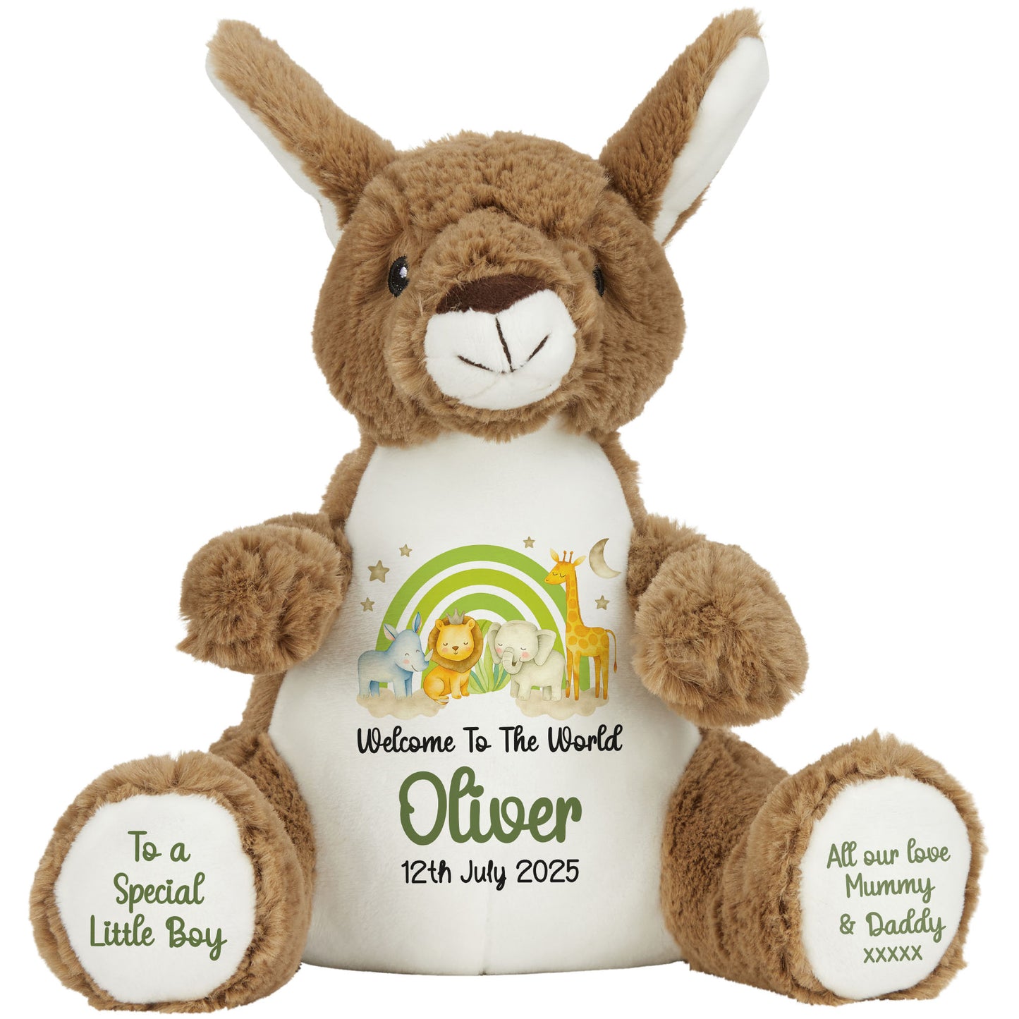 New Baby 'Welcome to The World' Green Safari Friends Personalised Teddy Bears