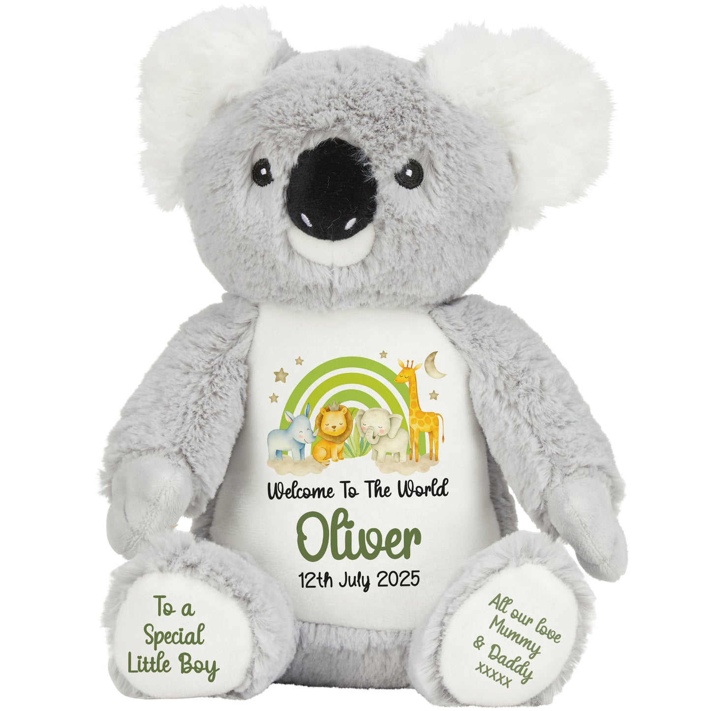 New Baby 'Welcome to The World' Green Safari Friends Personalised Teddy Bears