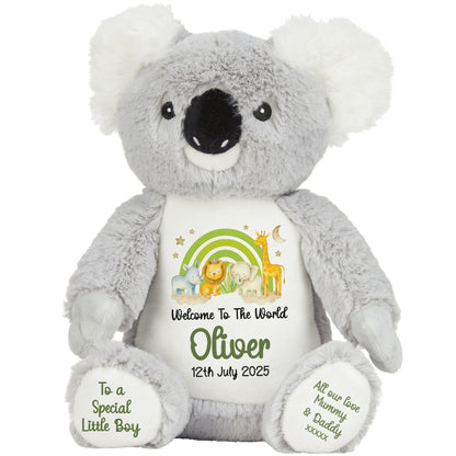 New Baby 'Welcome to The World' Green Safari Friends Personalised Teddy Bears