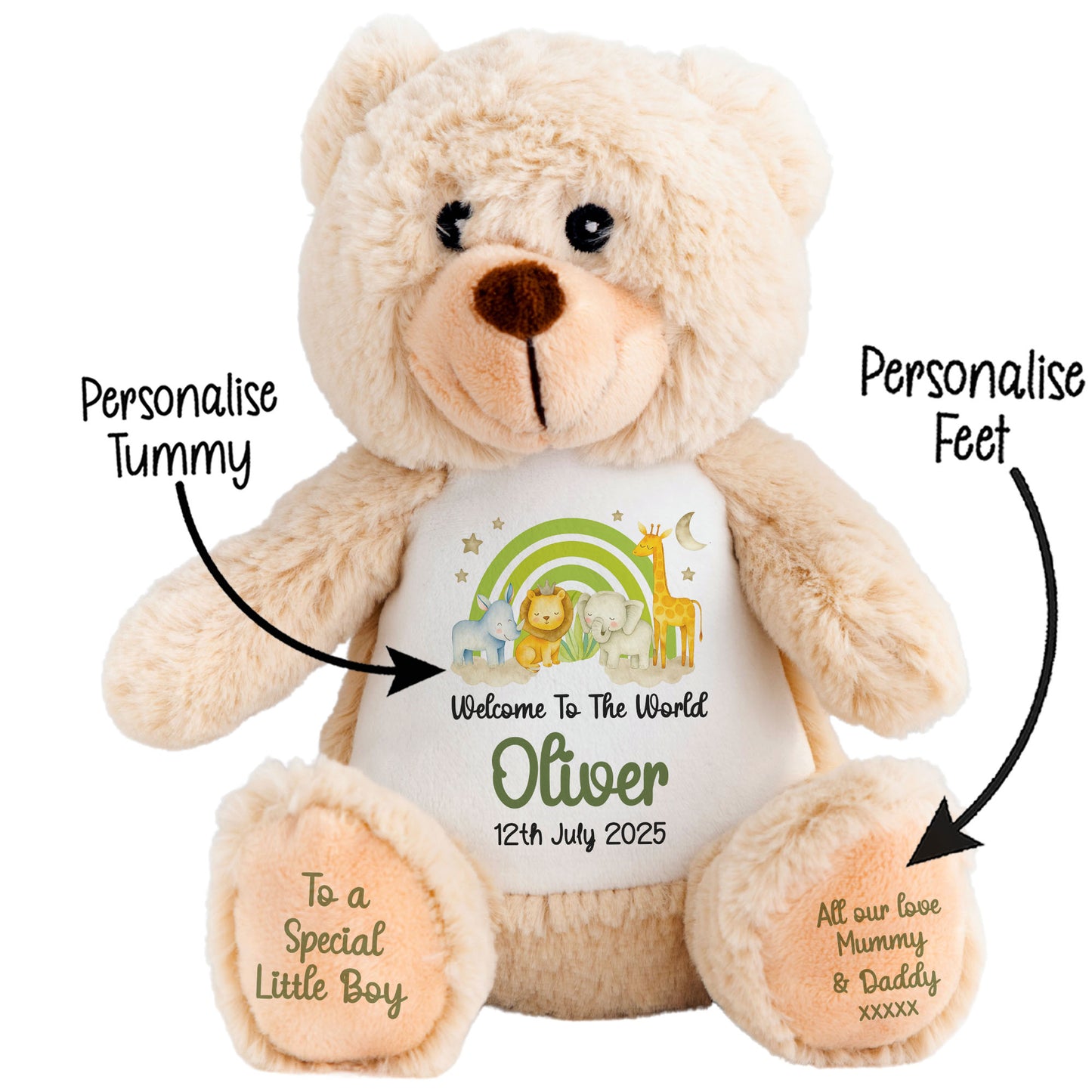 New Baby 'Welcome to The World' Green Safari Friends Personalised Teddy Bears