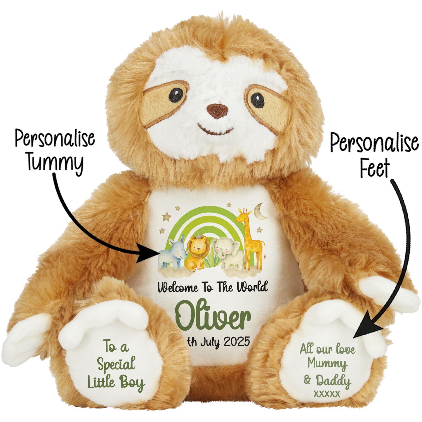 New Baby 'Welcome to The World' Green Safari Friends Personalised Teddy Bears