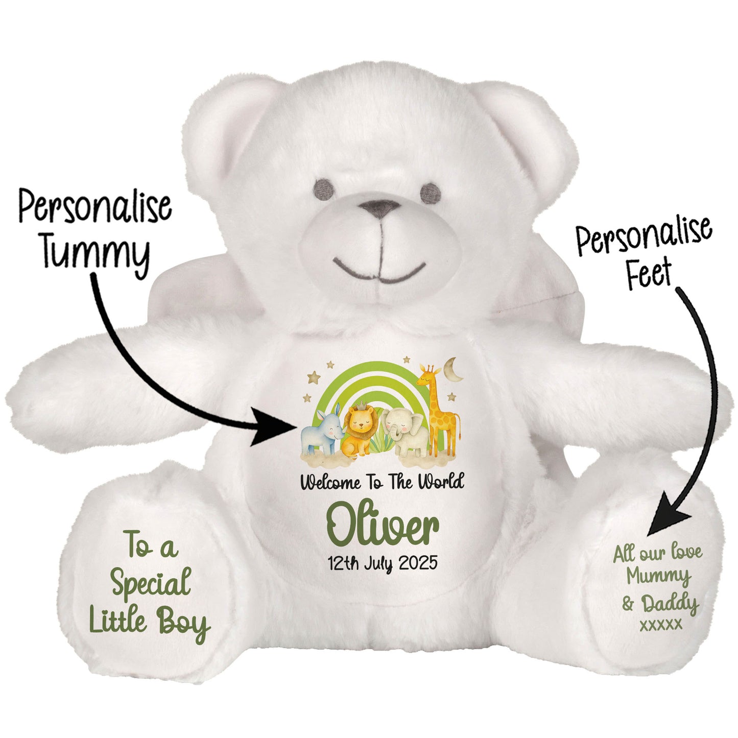 New Baby 'Welcome to The World' Green Safari Friends Personalised Teddy Bears