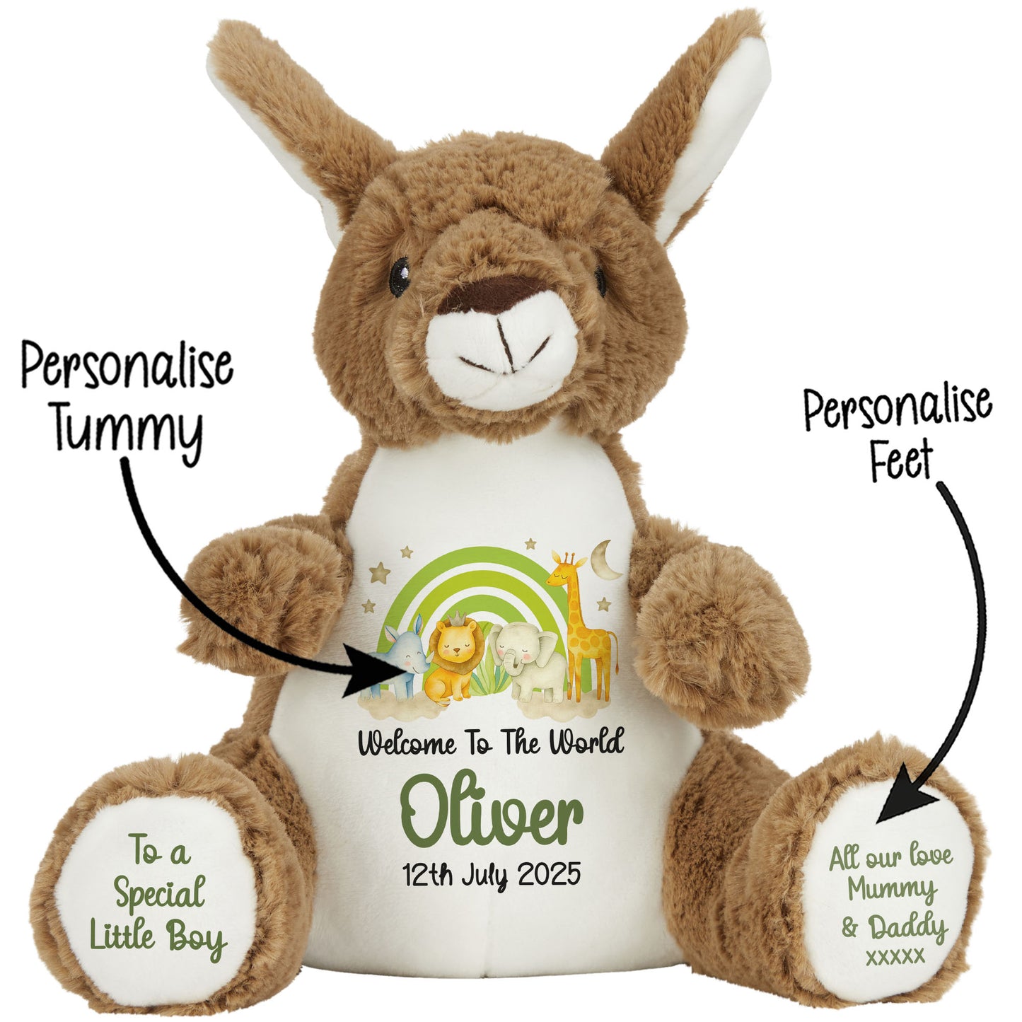 New Baby 'Welcome to The World' Green Safari Friends Personalised Teddy Bears
