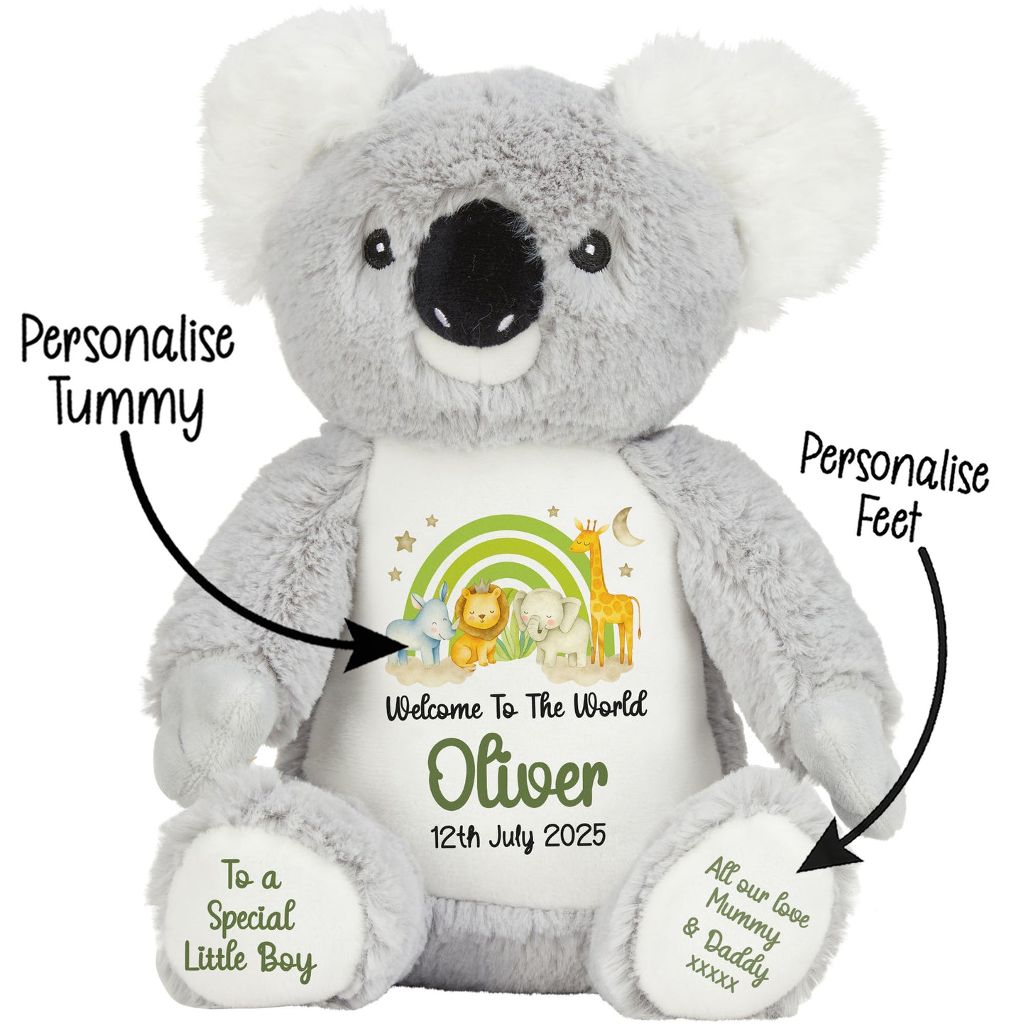 New Baby 'Welcome to The World' Green Safari Friends Personalised Teddy Bears