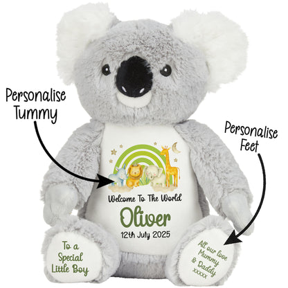 New Baby 'Welcome to The World' Green Safari Friends Personalised Teddy Bears