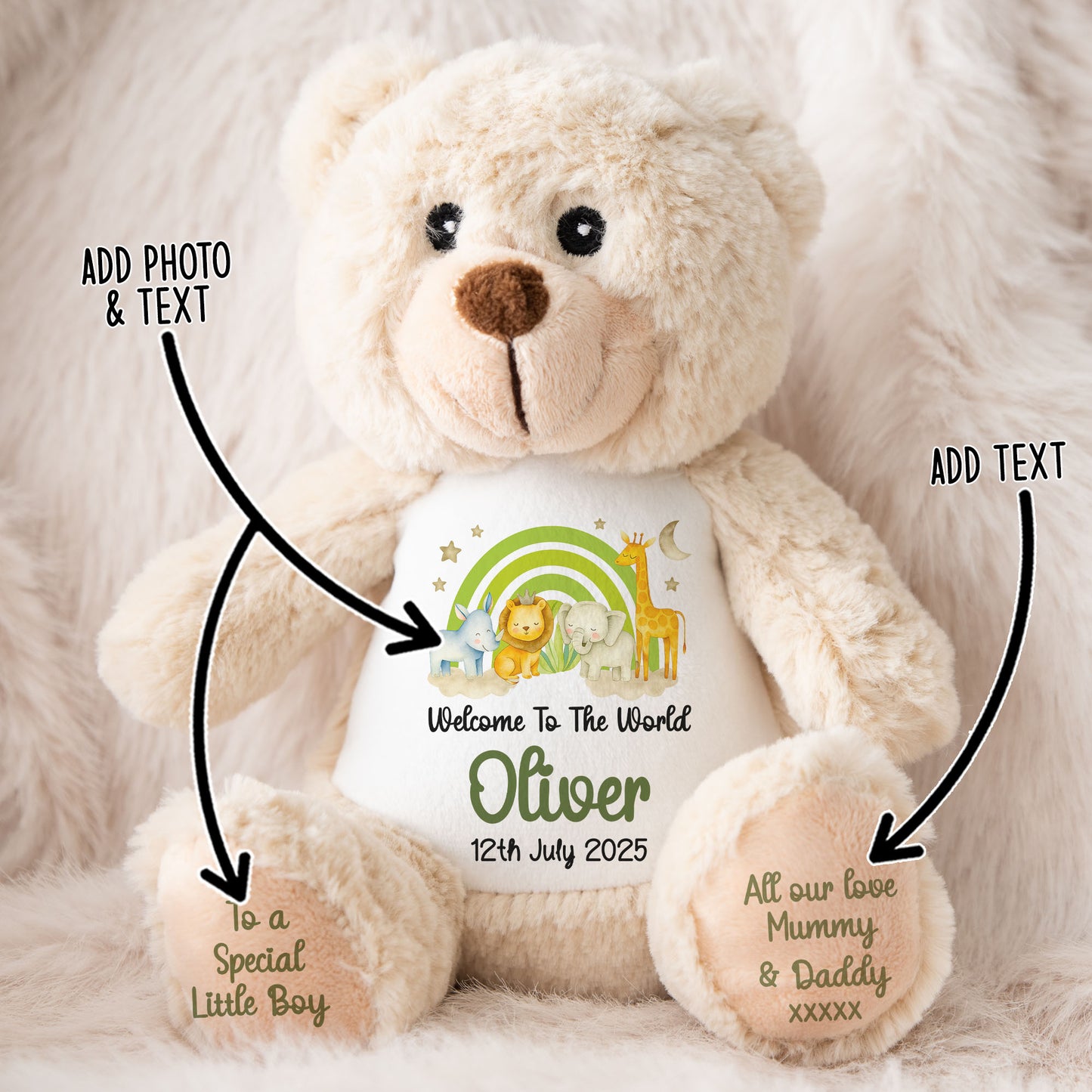 New Baby 'Welcome to The World' Green Safari Friends Personalised Teddy Bears