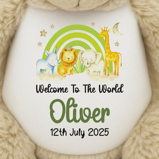 New Baby 'Welcome to The World' Green Safari Friends Personalised Teddy Bears