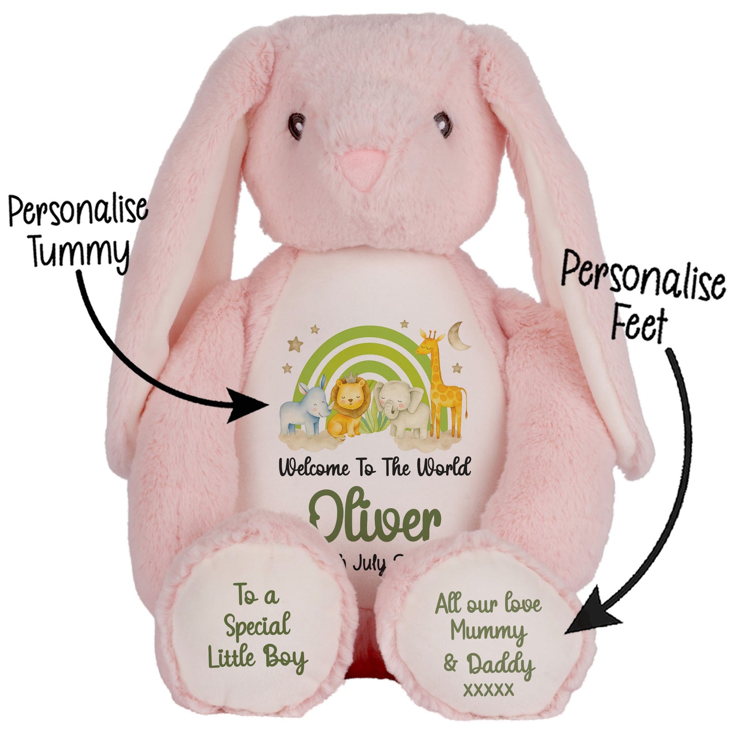 New Baby 'Welcome to The World' Green Safari Friends Personalised Teddy Bears