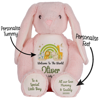 New Baby 'Welcome to The World' Green Safari Friends Personalised Teddy Bears