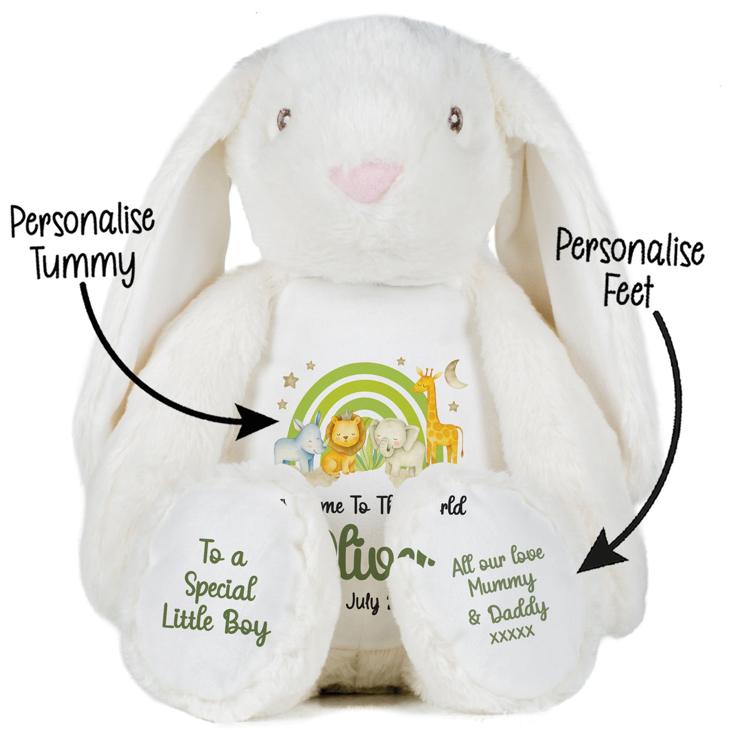 New Baby 'Welcome to The World' Green Safari Friends Personalised Teddy Bears