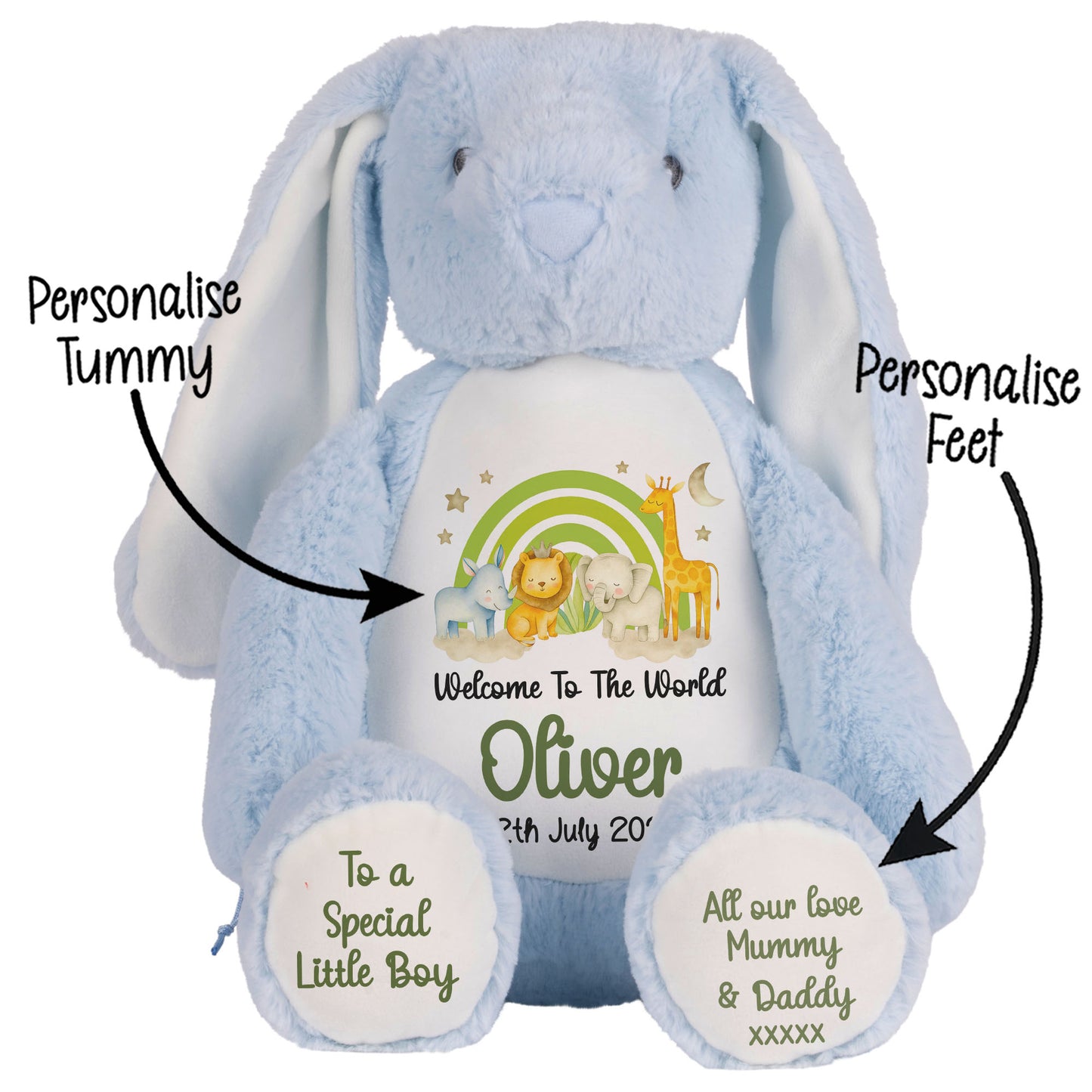 New Baby 'Welcome to The World' Green Safari Friends Personalised Teddy Bears