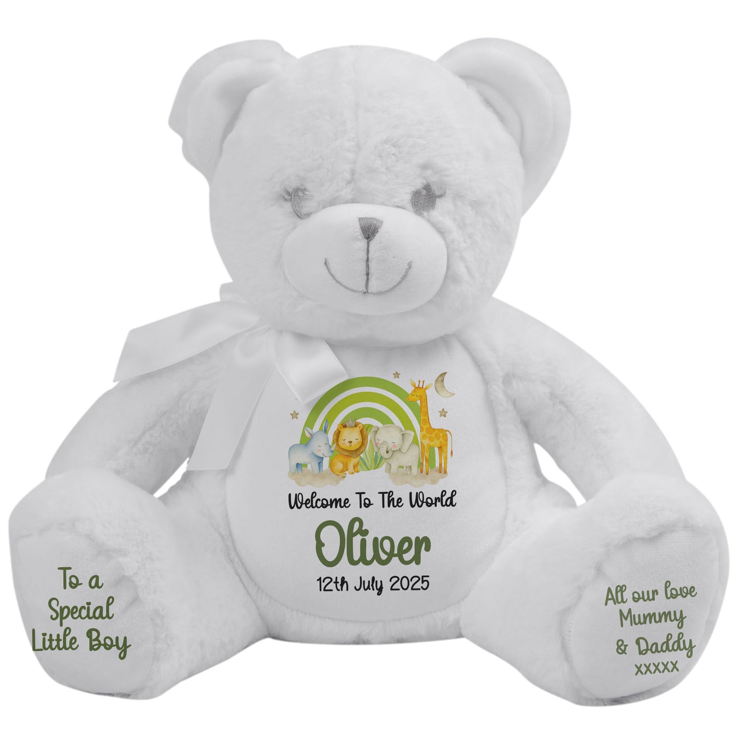 New Baby 'Welcome to The World' Green Safari Friends Personalised Teddy Bears