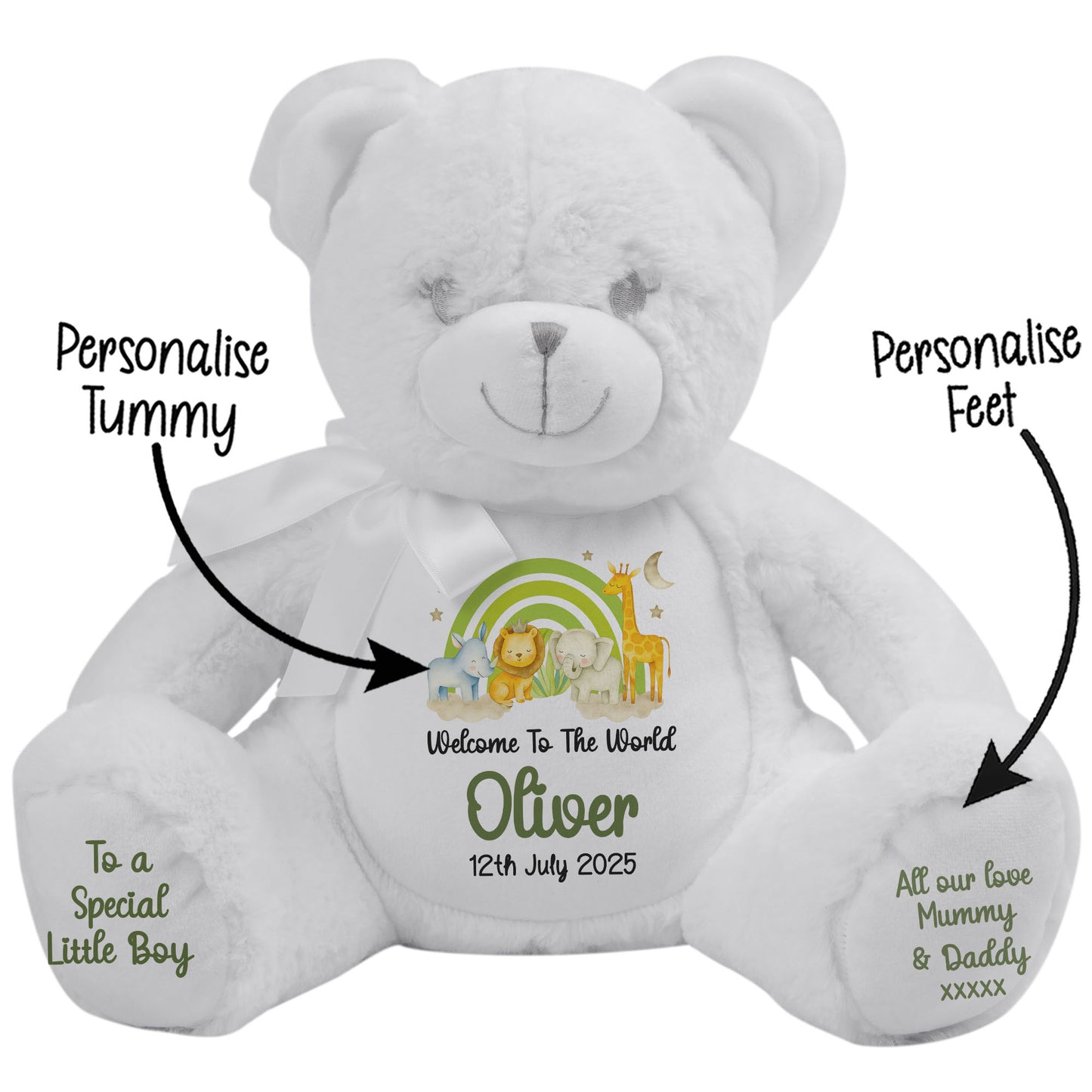 New Baby 'Welcome to The World' Green Safari Friends Personalised Teddy Bears