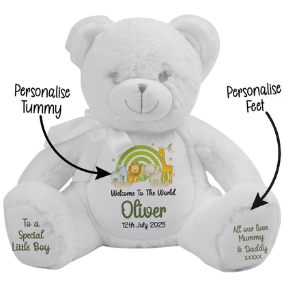 New Baby 'Welcome to The World' Green Safari Friends Personalised Teddy Bears