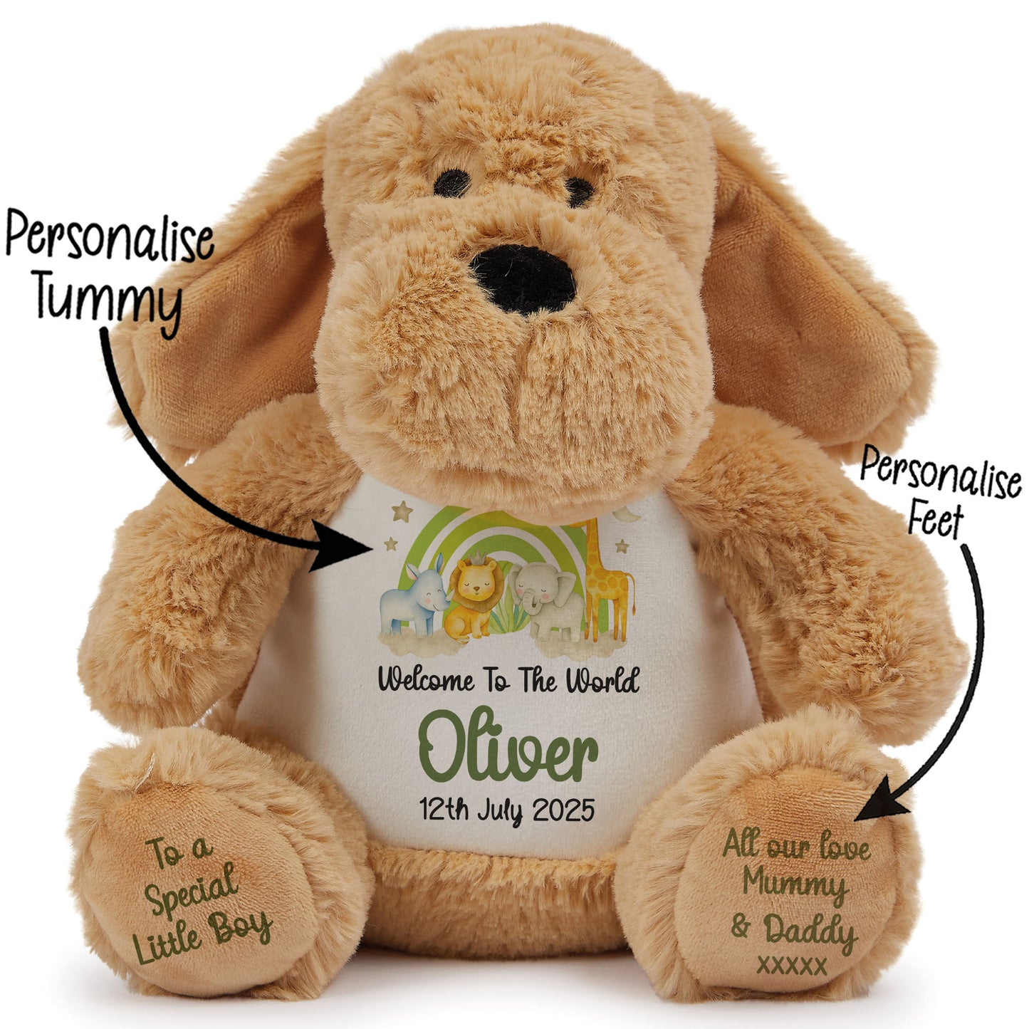 New Baby 'Welcome to The World' Green Safari Friends Personalised Teddy Bears