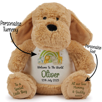 New Baby 'Welcome to The World' Green Safari Friends Personalised Teddy Bears