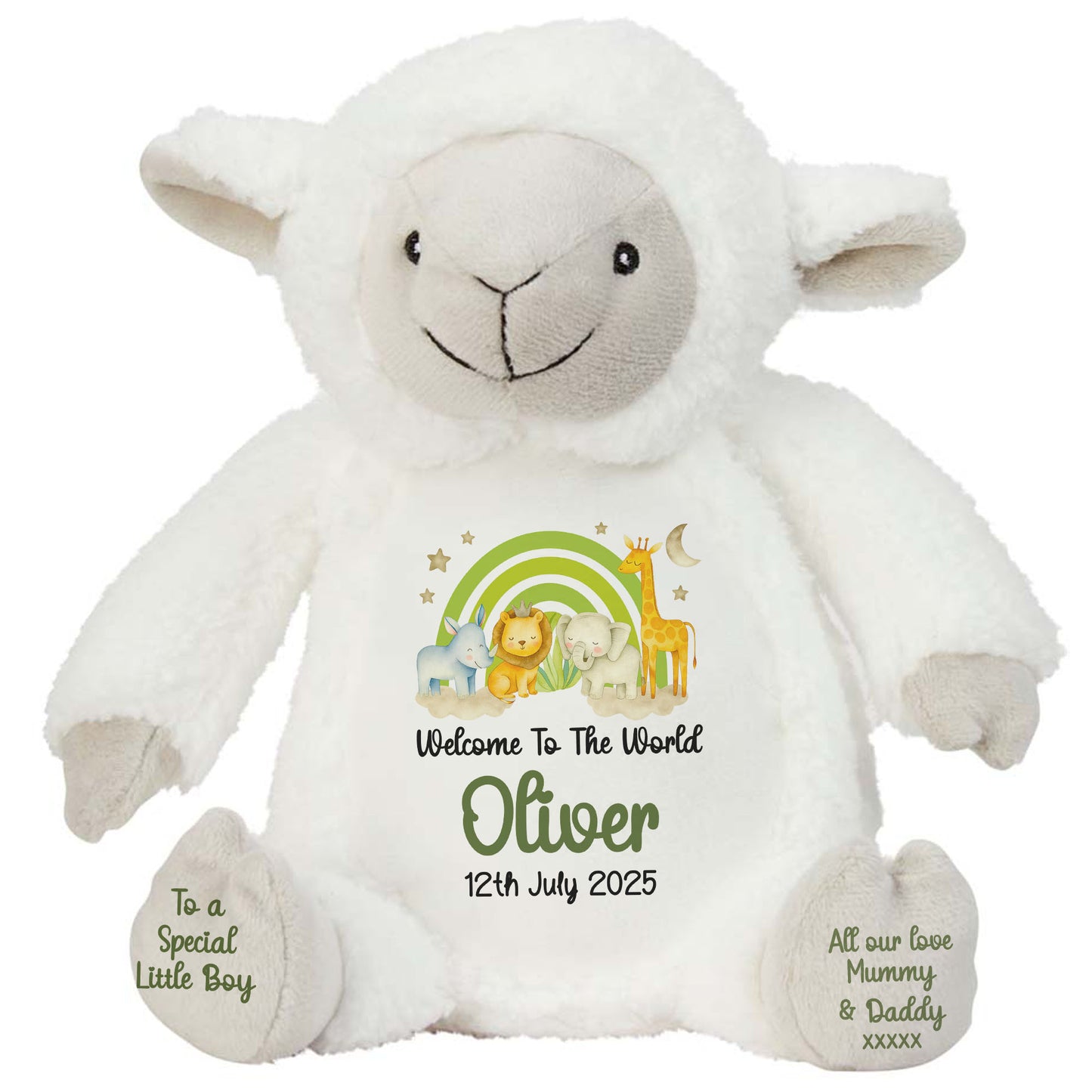 New Baby 'Welcome to The World' Green Safari Friends Personalised Teddy Bears