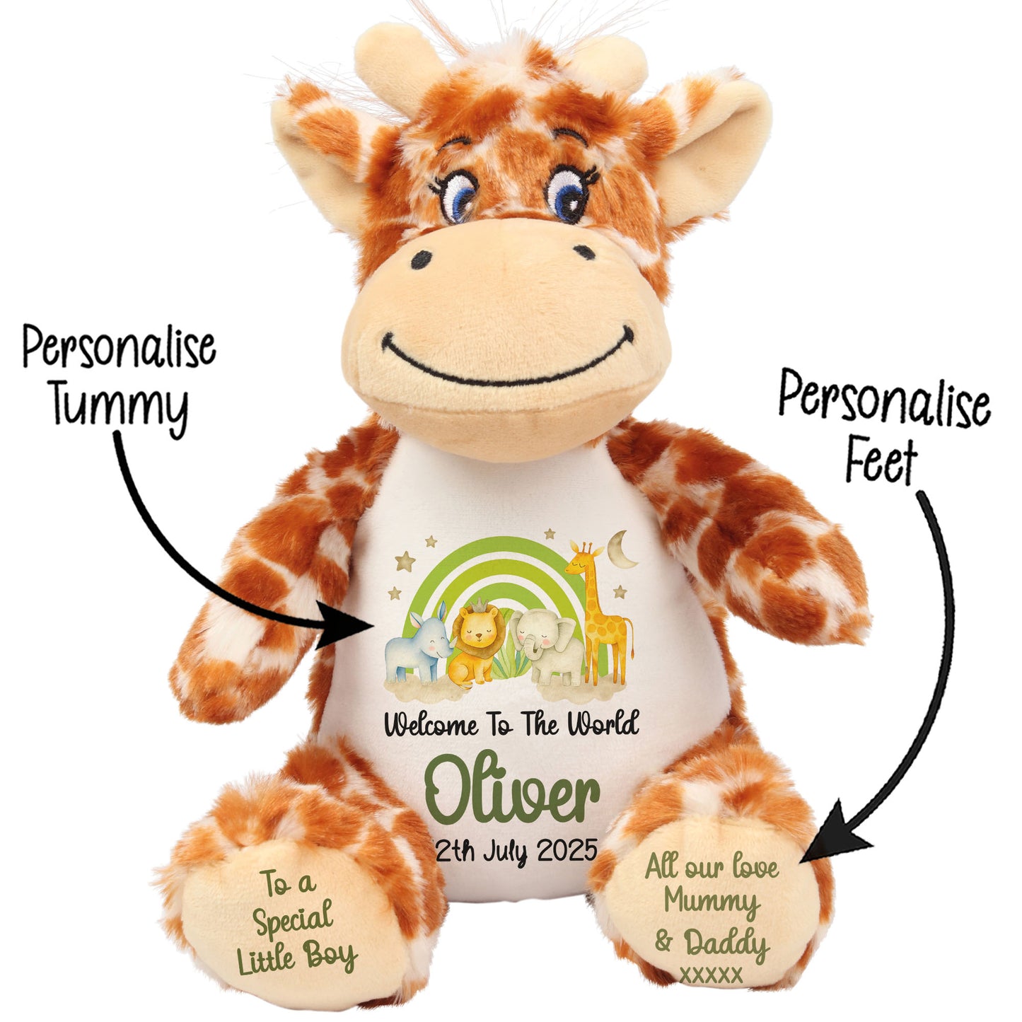 New Baby 'Welcome to The World' Green Safari Friends Personalised Teddy Bears