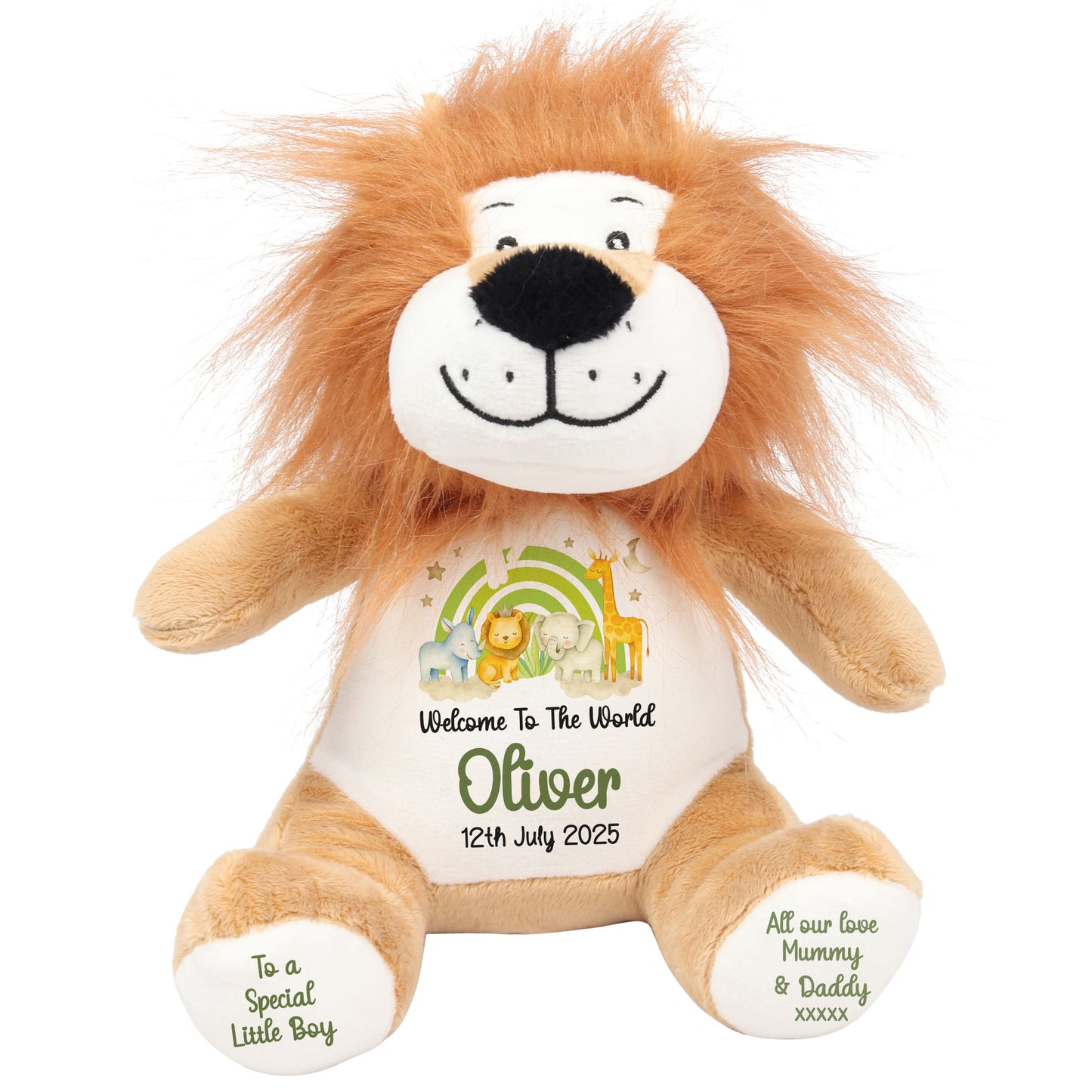 New Baby 'Welcome to The World' Green Safari Friends Personalised Teddy Bears