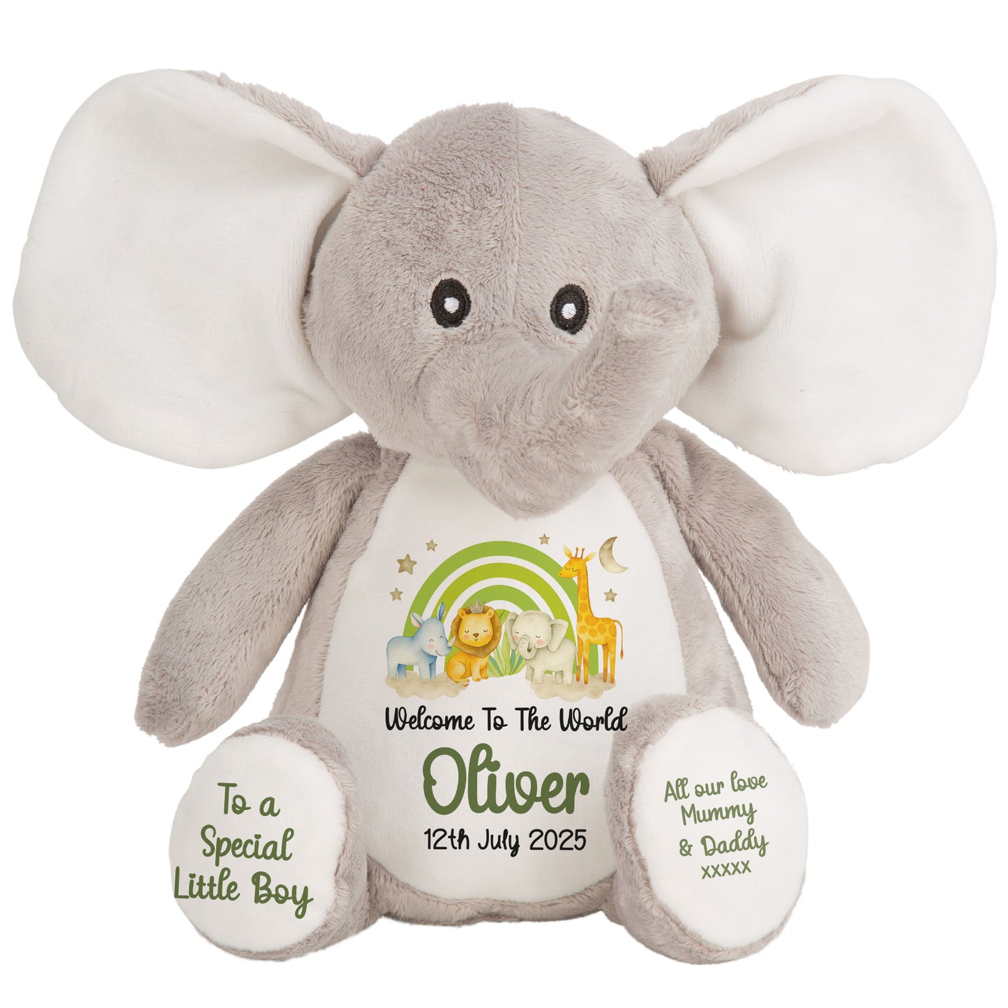 New Baby 'Welcome to The World' Green Safari Friends Personalised Teddy Bears