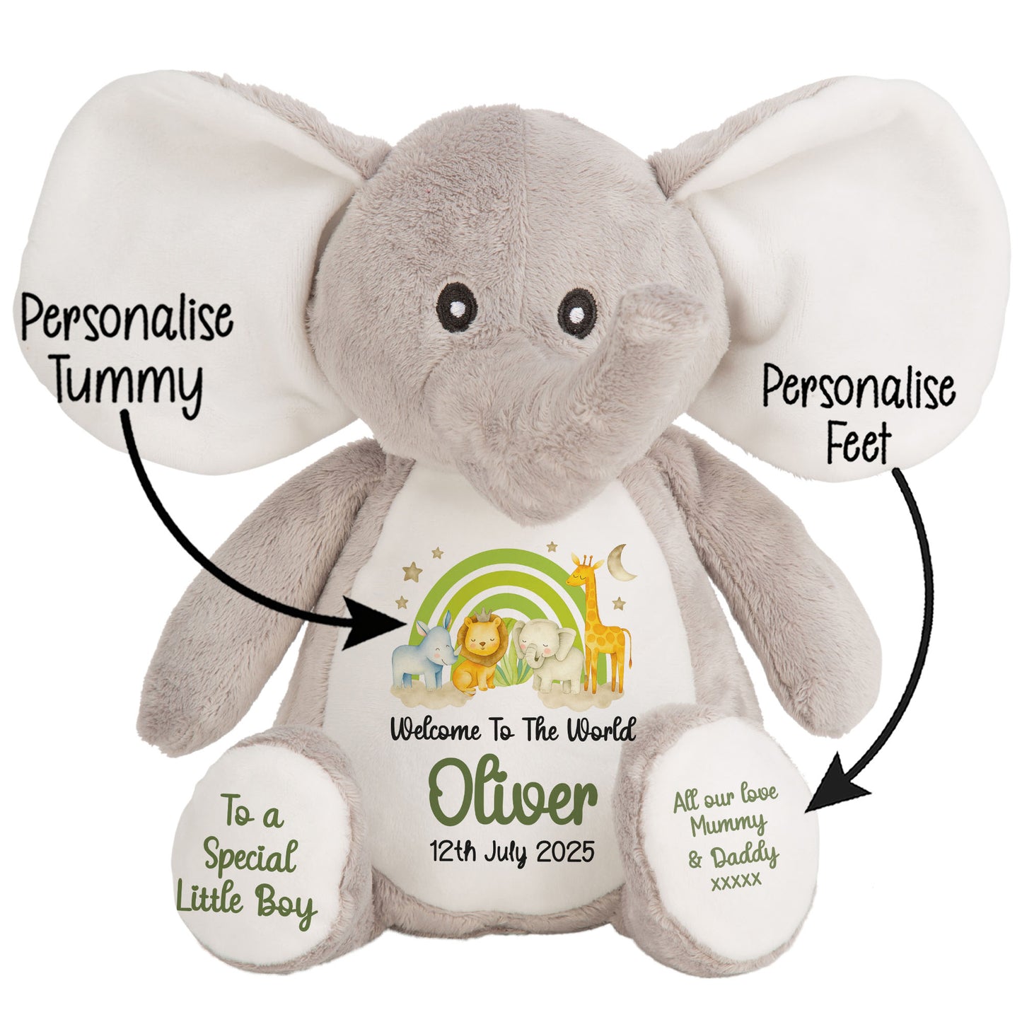 New Baby 'Welcome to The World' Green Safari Friends Personalised Teddy Bears