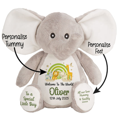 New Baby 'Welcome to The World' Green Safari Friends Personalised Teddy Bears