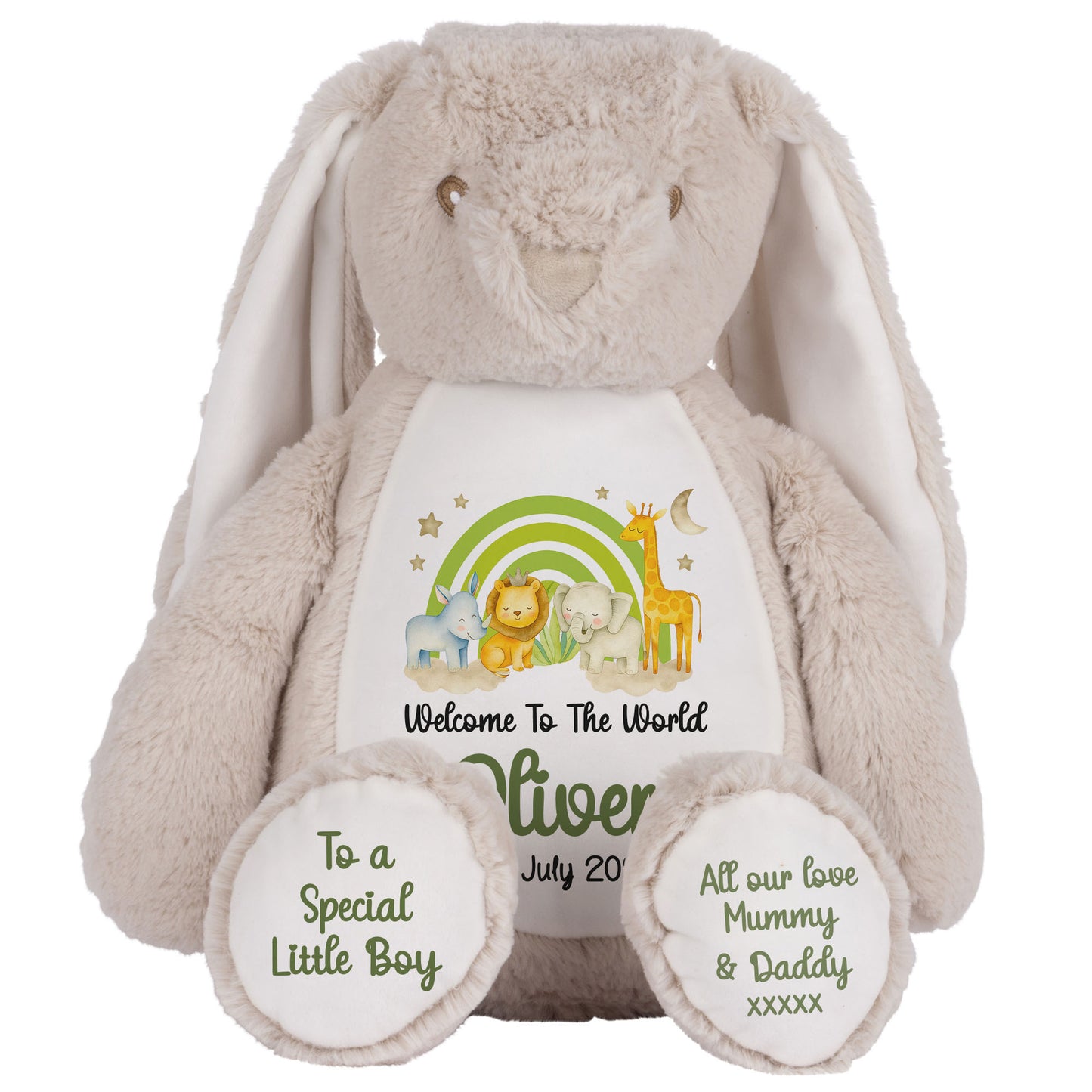 New Baby 'Welcome to The World' Green Safari Friends Personalised Teddy Bears