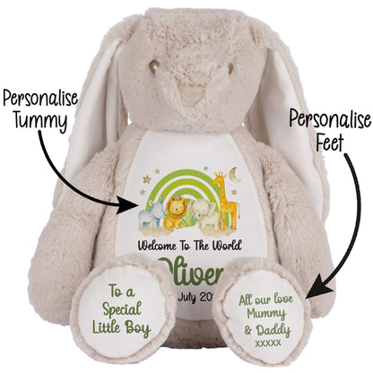 New Baby 'Welcome to The World' Green Safari Friends Personalised Teddy Bears
