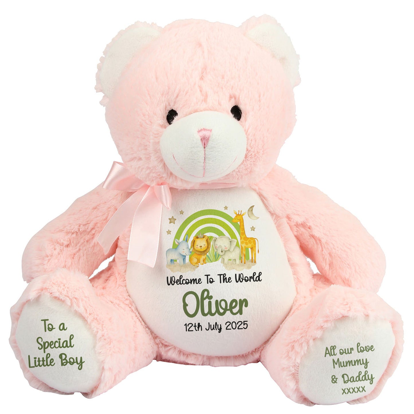 New Baby 'Welcome to The World' Green Safari Friends Personalised Teddy Bears