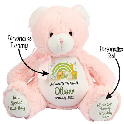 New Baby 'Welcome to The World' Green Safari Friends Personalised Teddy Bears