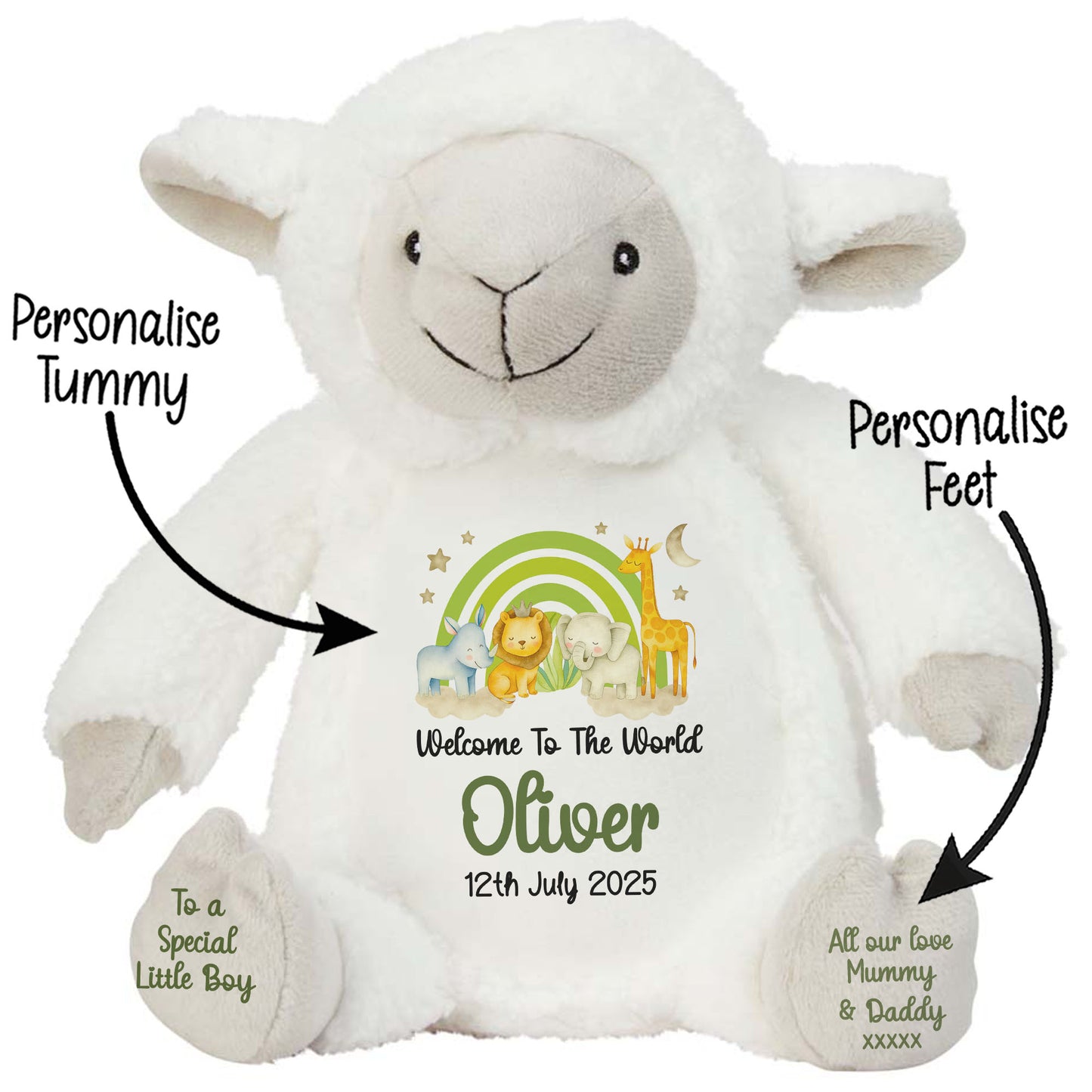 New Baby 'Welcome to The World' Green Safari Friends Personalised Teddy Bears