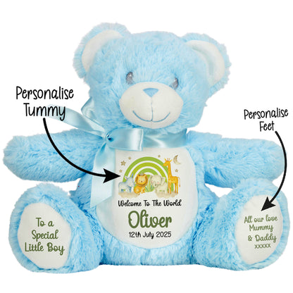 New Baby 'Welcome to The World' Green Safari Friends Personalised Teddy Bears