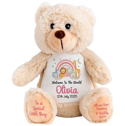 New Baby 'Welcome to The World' Pink Safari Friends Personalised Teddy Bears