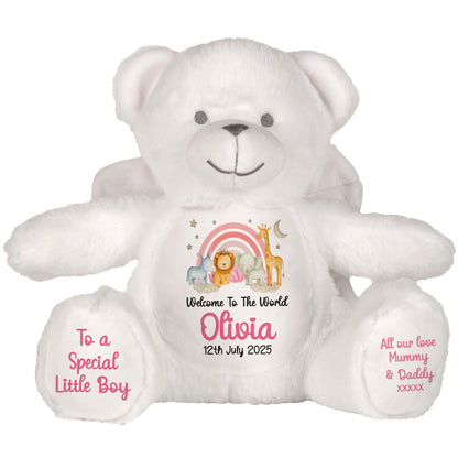 New Baby 'Welcome to The World' Pink Safari Friends Personalised Teddy Bears
