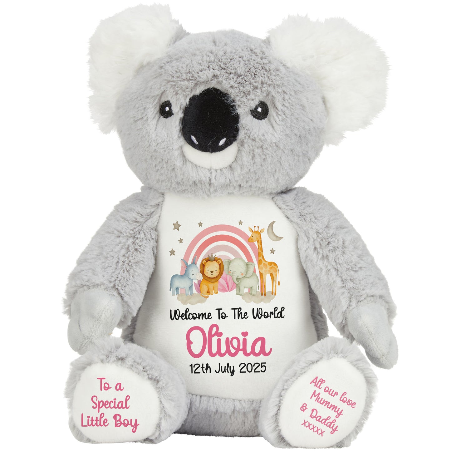 New Baby 'Welcome to The World' Pink Safari Friends Personalised Teddy Bears