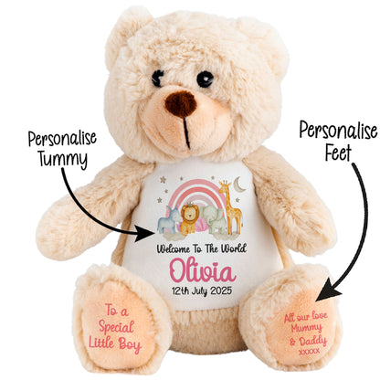 New Baby 'Welcome to The World' Pink Safari Friends Personalised Teddy Bears