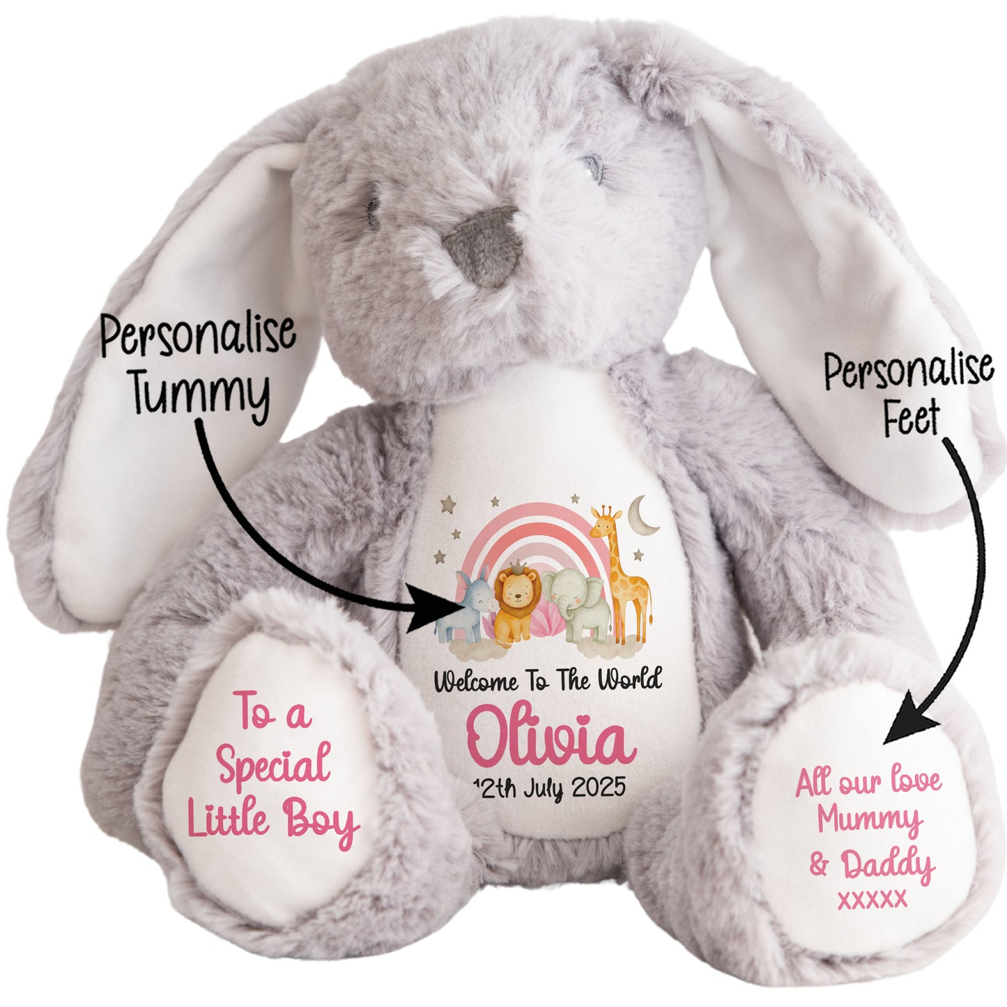 New Baby 'Welcome to The World' Pink Safari Friends Personalised Teddy Bears