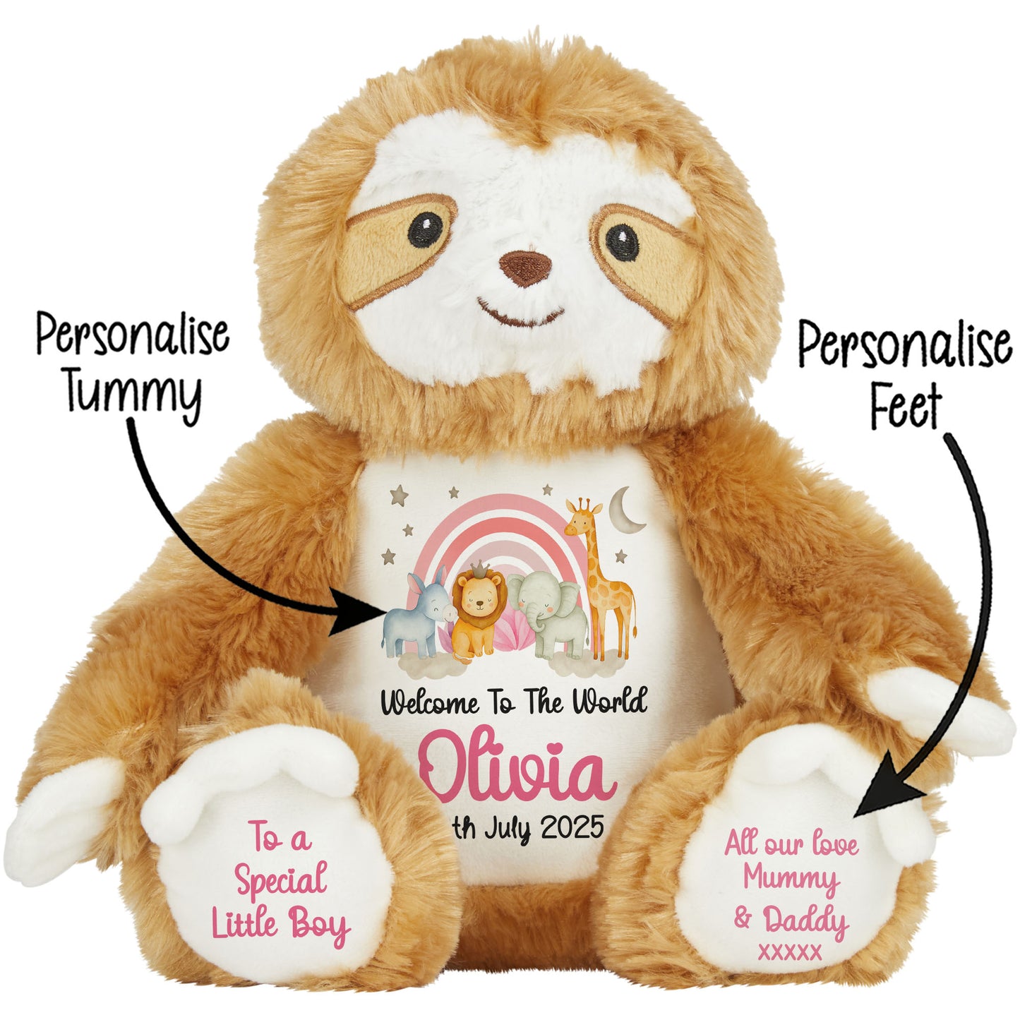 New Baby 'Welcome to The World' Pink Safari Friends Personalised Teddy Bears