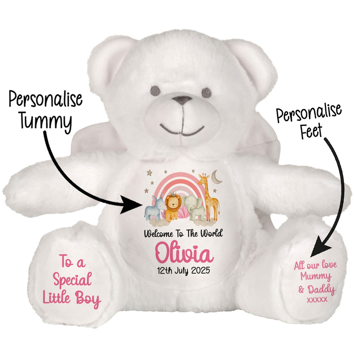 New Baby 'Welcome to The World' Pink Safari Friends Personalised Teddy Bears