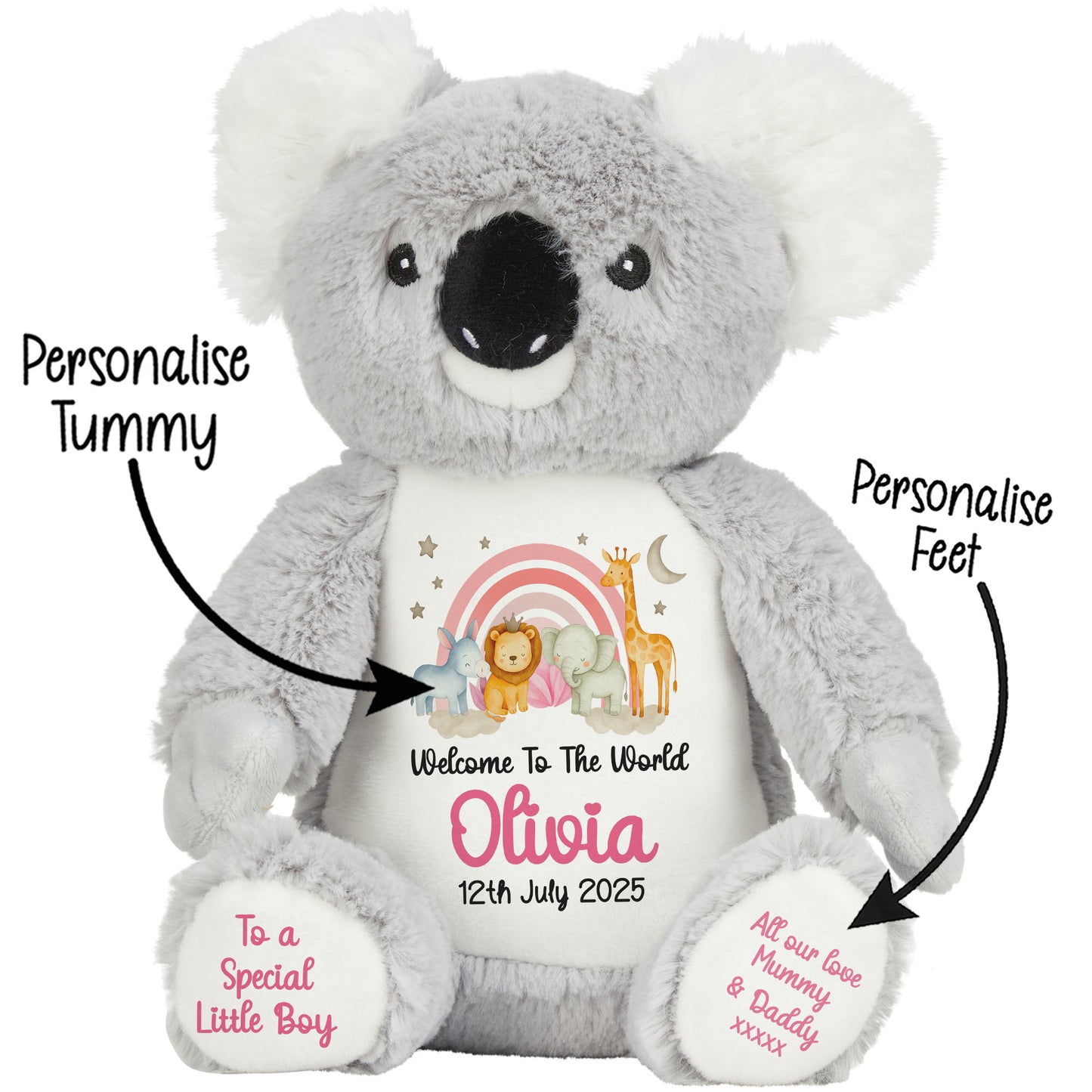 New Baby 'Welcome to The World' Pink Safari Friends Personalised Teddy Bears