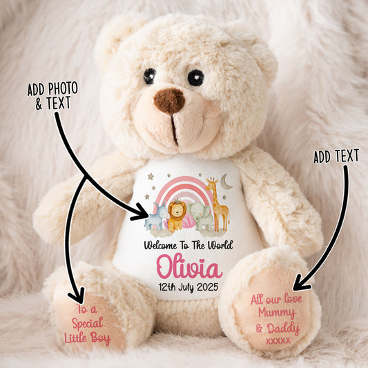 New Baby 'Welcome to The World' Pink Safari Friends Personalised Teddy Bears