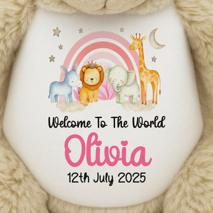 New Baby 'Welcome to The World' Pink Safari Friends Personalised Teddy Bears