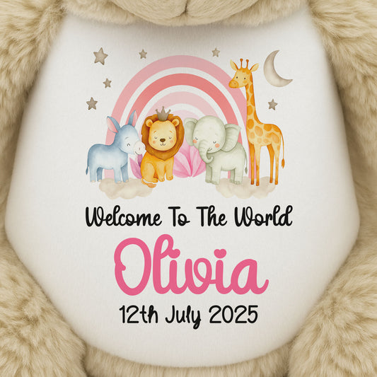 New Baby 'Welcome to The World' Pink Safari Friends Personalised Teddy Bears
