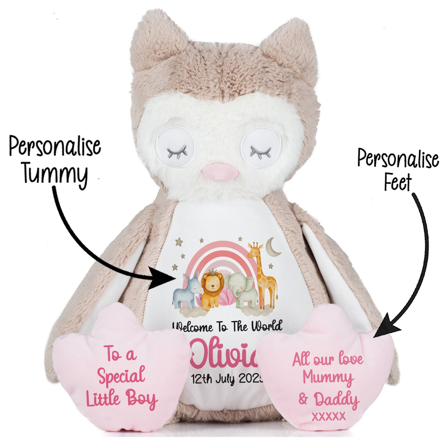 New Baby 'Welcome to The World' Pink Safari Friends Personalised Teddy Bears