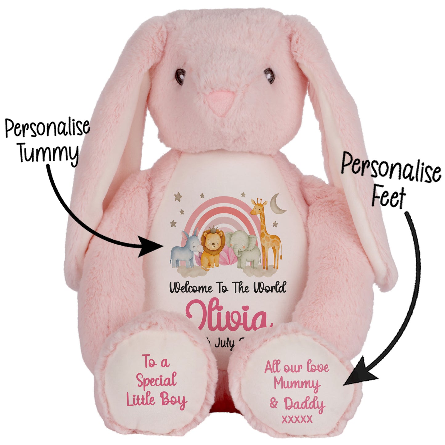 New Baby 'Welcome to The World' Pink Safari Friends Personalised Teddy Bears
