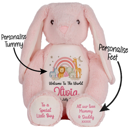 New Baby 'Welcome to The World' Pink Safari Friends Personalised Teddy Bears
